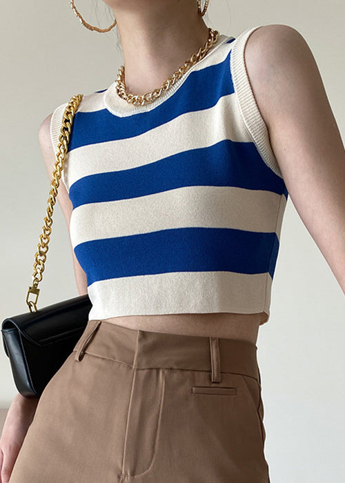 Stilvolles, blaues, gestreiftes Strick-Tanktop mit Rundhalsausschnitt, ärmellos AF1049