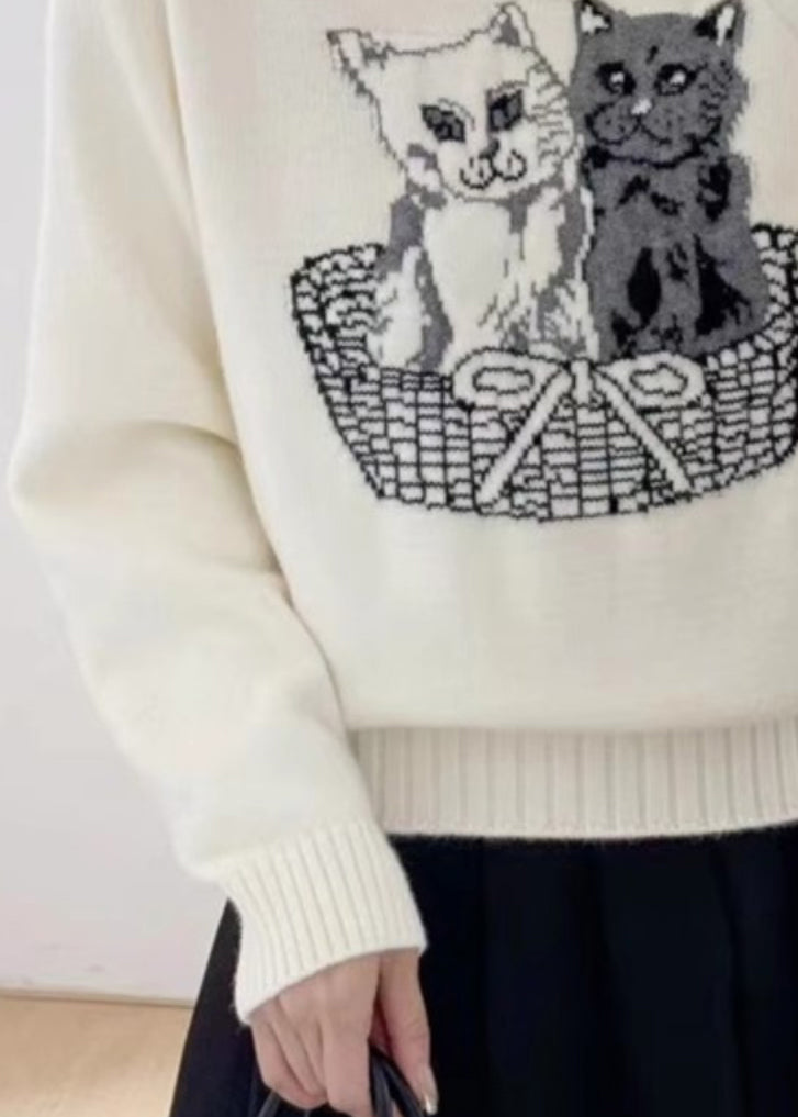 Neu Weiß O Neck Tier Gemütliche Strick Pullover Herbst QC028