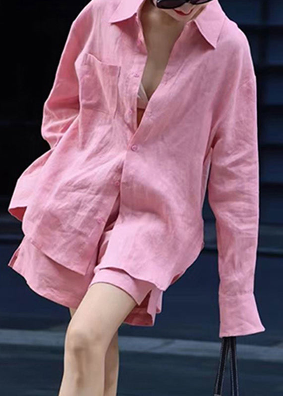 Modernes rosa Button-Shirts und Shorts Zweiteiler-Set Herbst AN1017