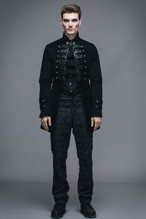 Men's Gothic Coat in Velvet with Embroidered Collar and Faux Two-Piece Style