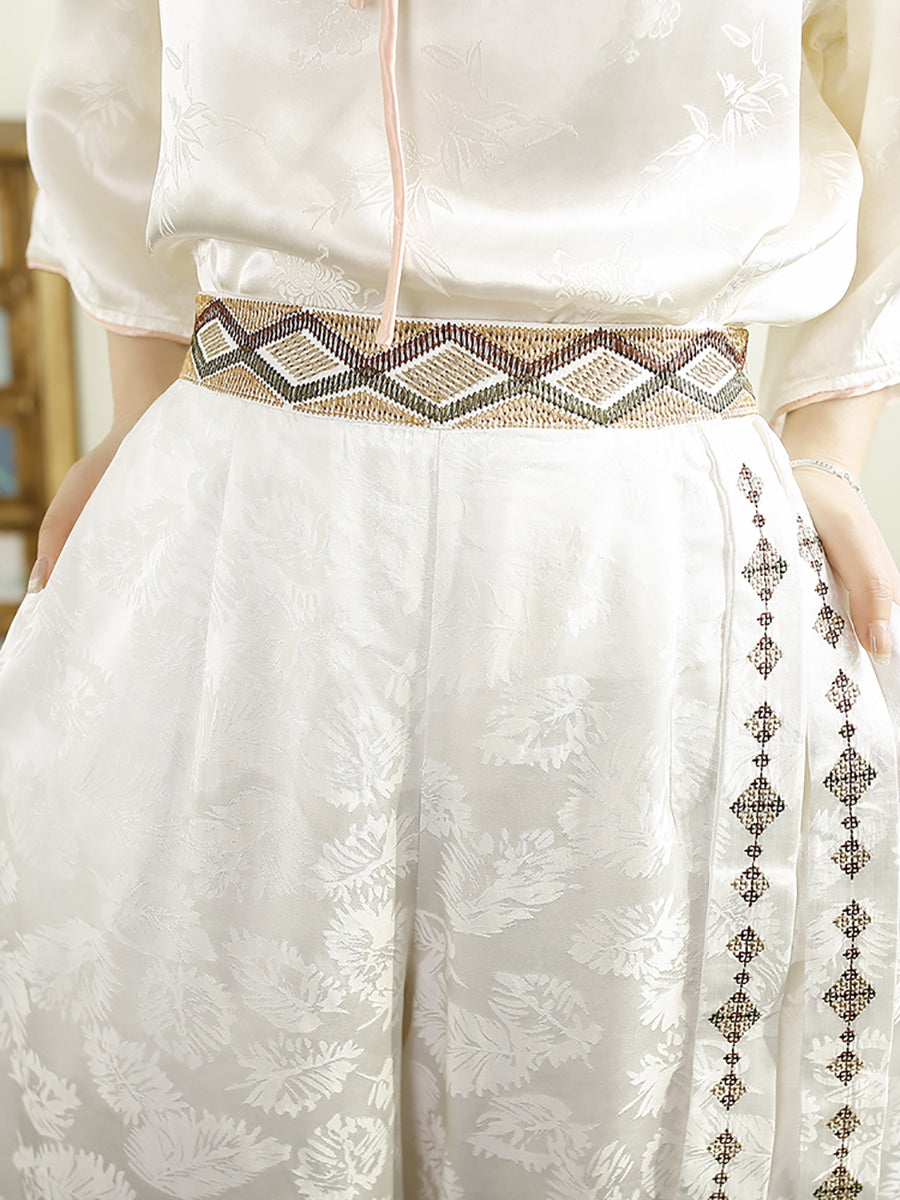 Damen Sommerhose mit weitem Bein und ethnischem Jacquardmuster CV1009