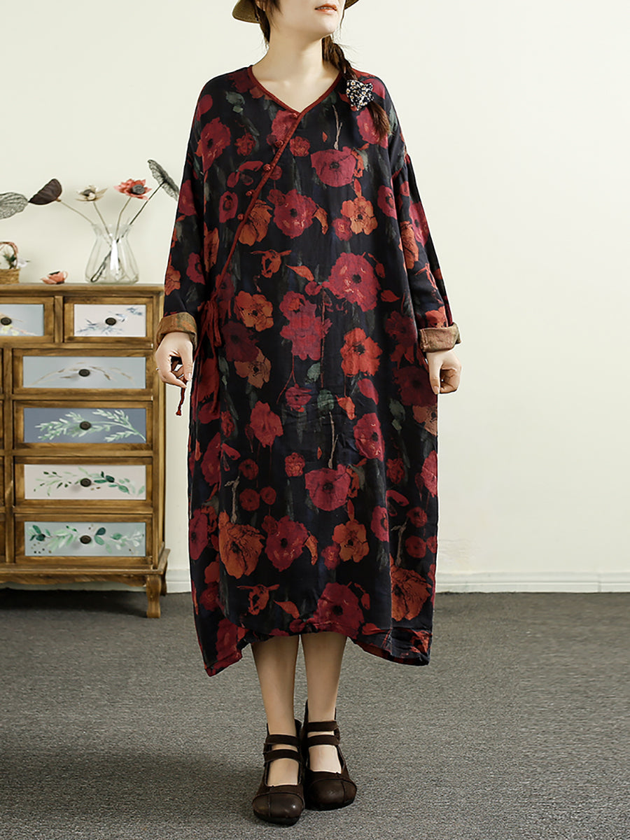Robe en coton à col en V et bretelles vintage pour femme, automne AS1016