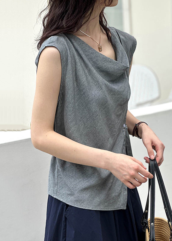 Neues, asymmetrisches Baumwolltop mit Knopfleiste, Grau, Sommer AF1039