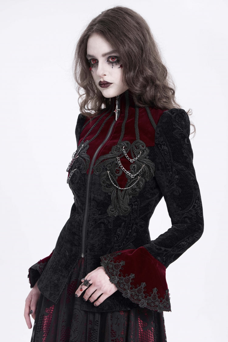Crimson & Obsidian Stand Collar Long Trumpet Sleeves Embroidery Gothic Jacket