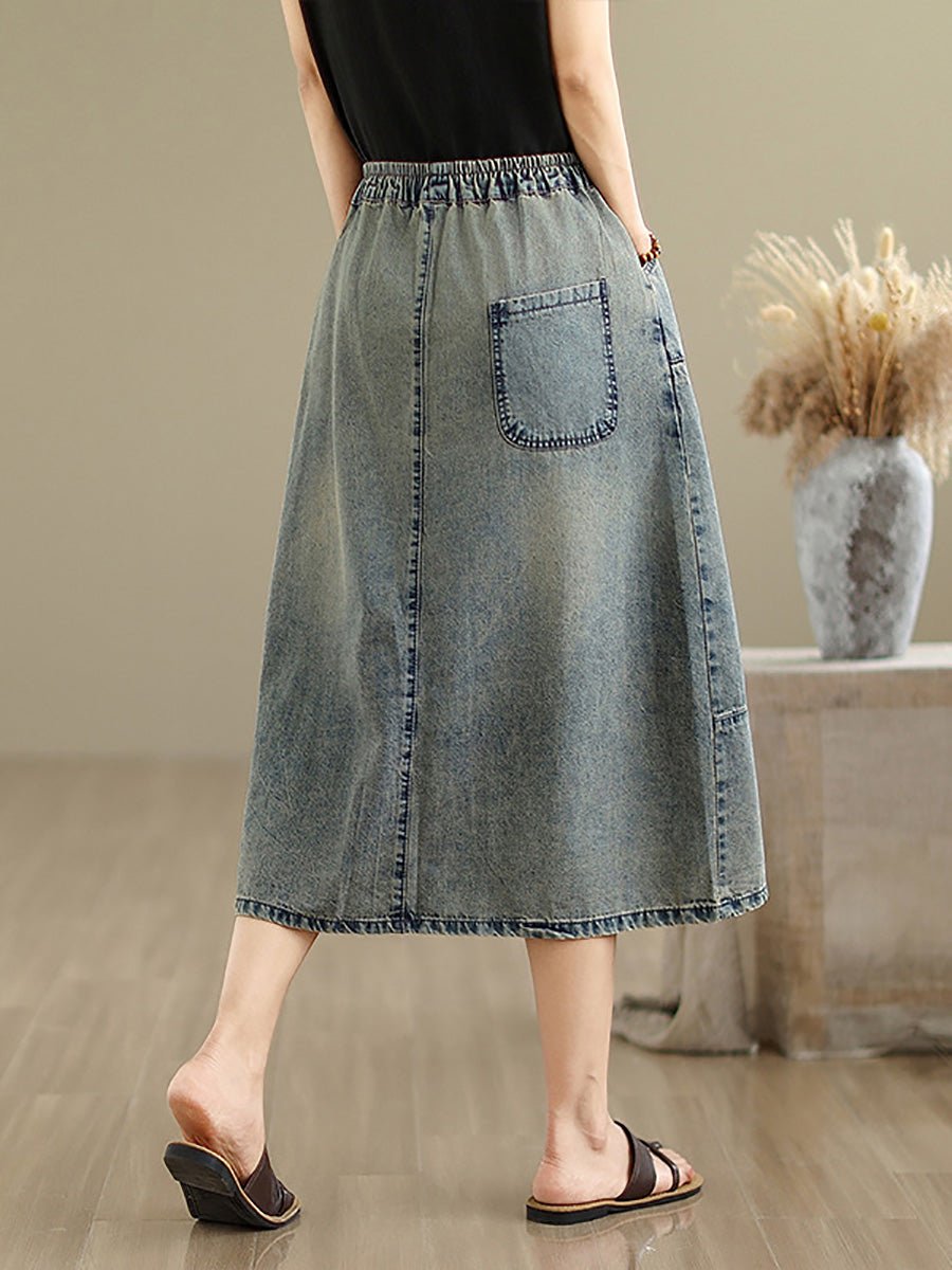 Denim Women Artsy Spring Flower Embroidery Skirt