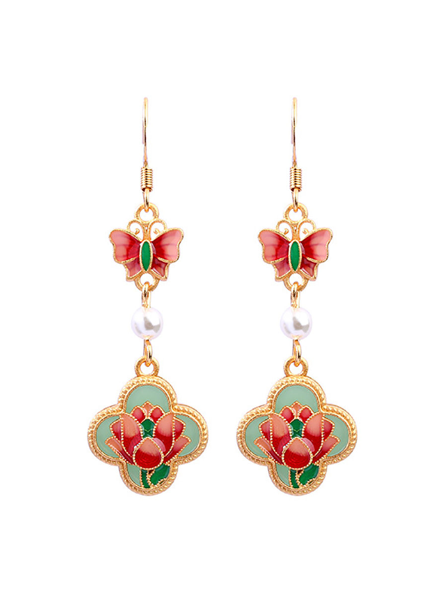 Frauen Vintage Emaille Blume Schmetterling Perle Ohrringe AH1086