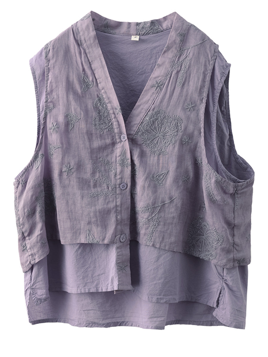 Frauen Sommer ethnische Stickerei Button-up gespleißt Ramie Weste FD001