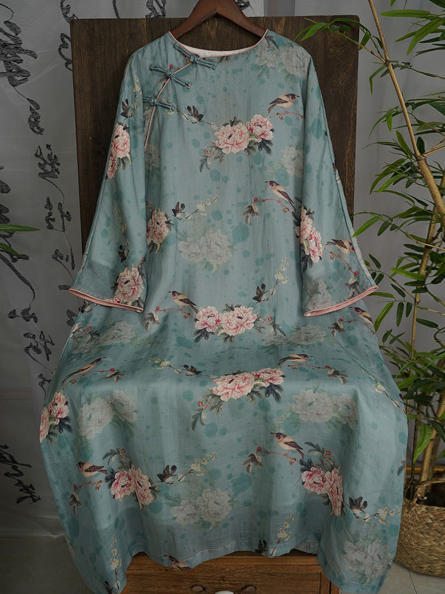 Robe longue d'automne vintage à fleurs en ramie bleue pour femme AX1004
