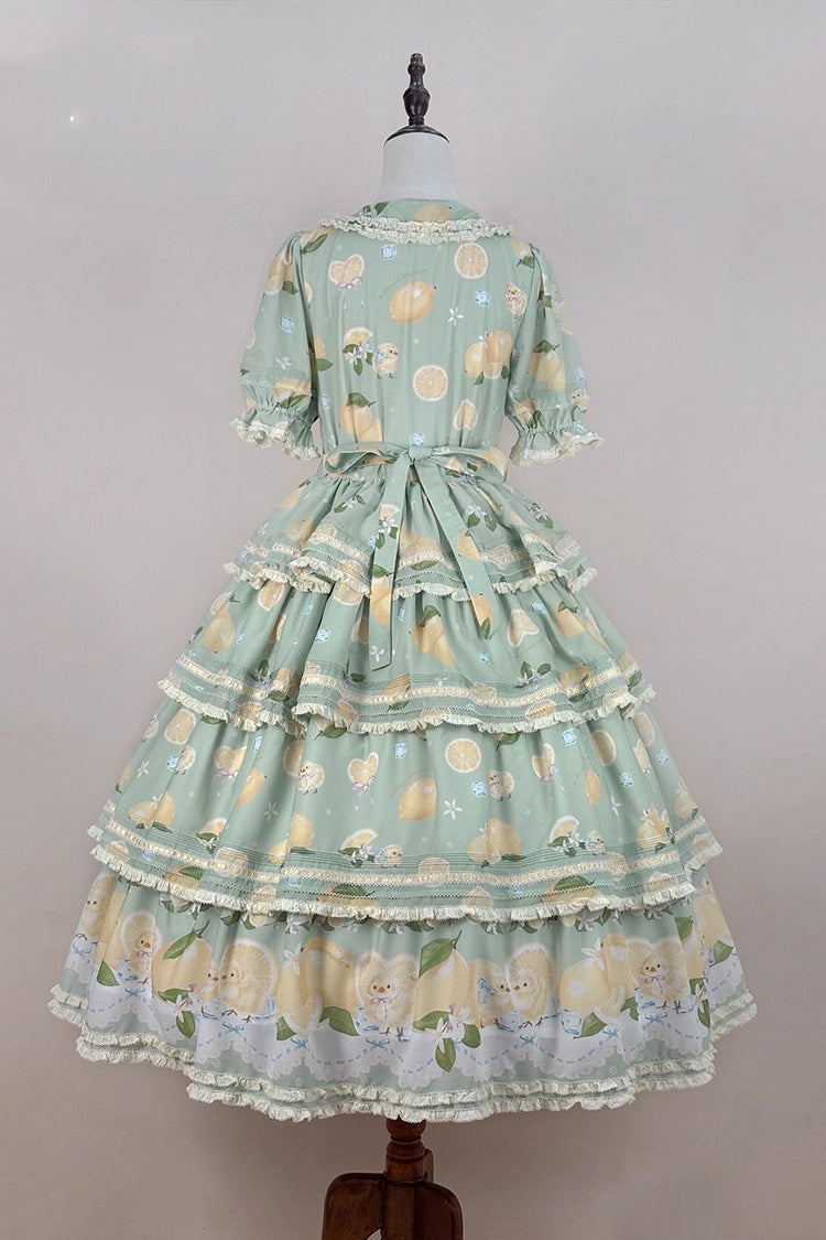 Emerald Lemon Chicken Triple-Layer Ruffle Bow Lace Gorgeous Dress