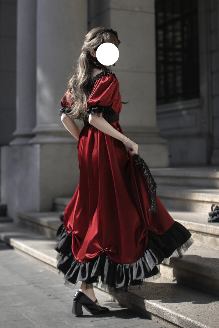 Crimson Square-Neck Vintage Lolita Dress with Ruffles and Bowknot
