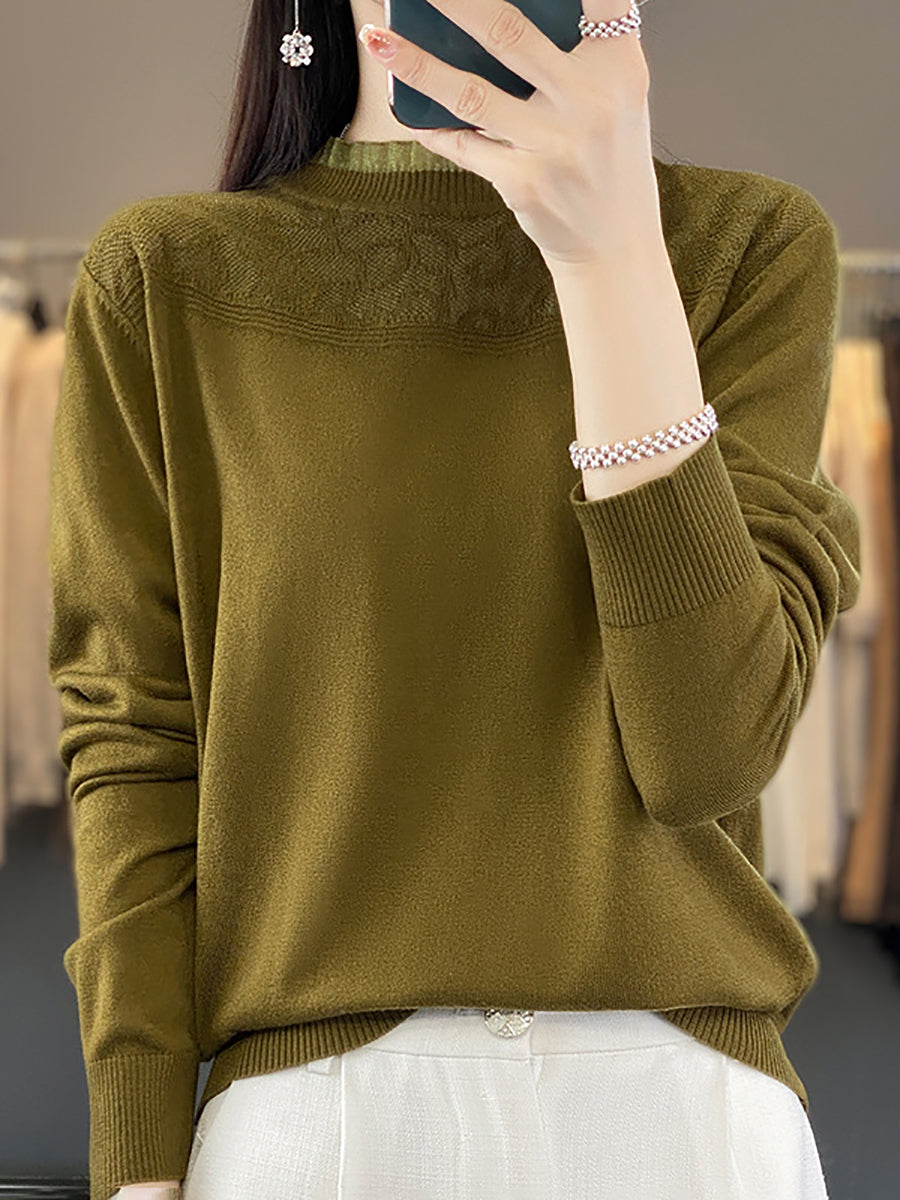 Damen Herbst Lacework Neck 100% Wolle Lockerer Pullover QM020