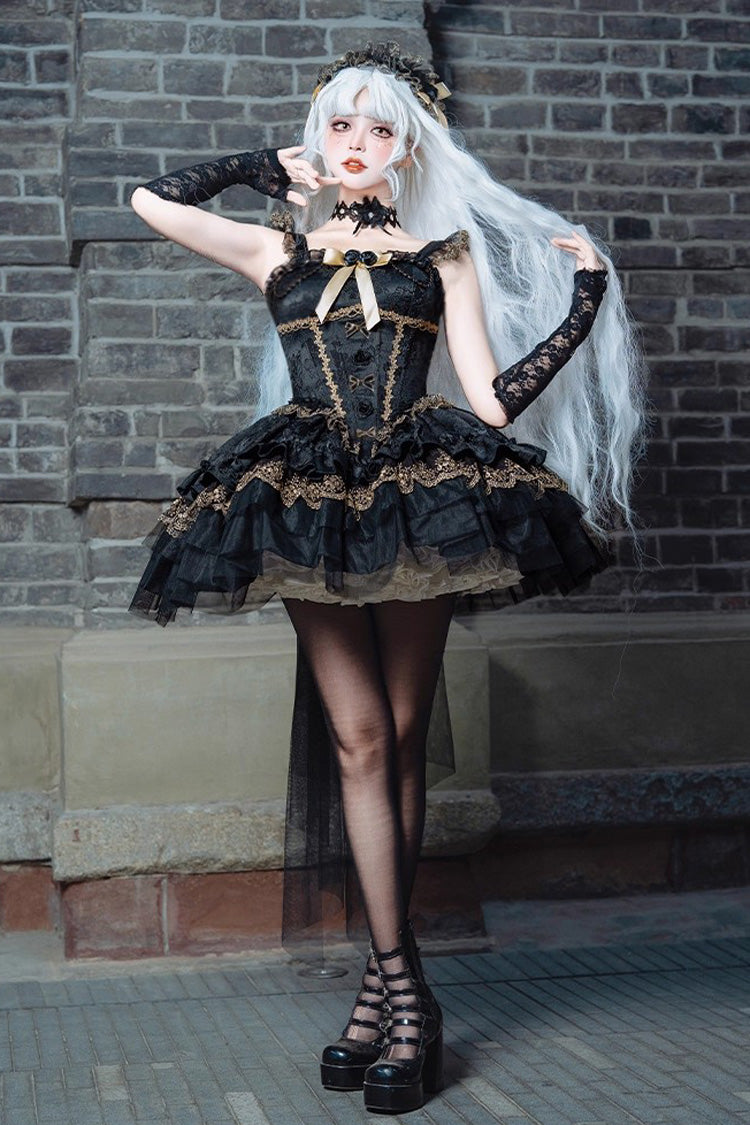 Slim Gothic Ballet JSK Dress with Multi-Layered Ruffles and Lace in Black