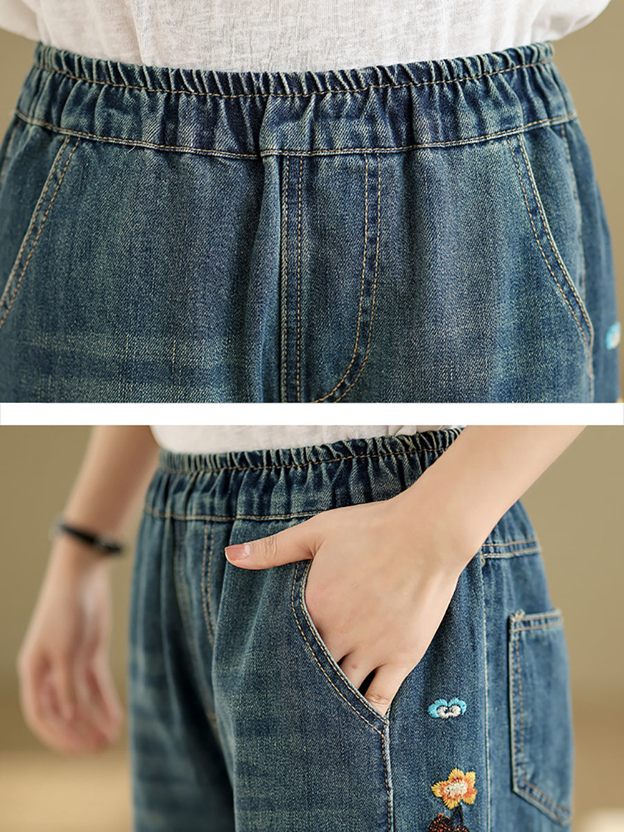 Pants Embroidery Women Wide-leg Retro Denim