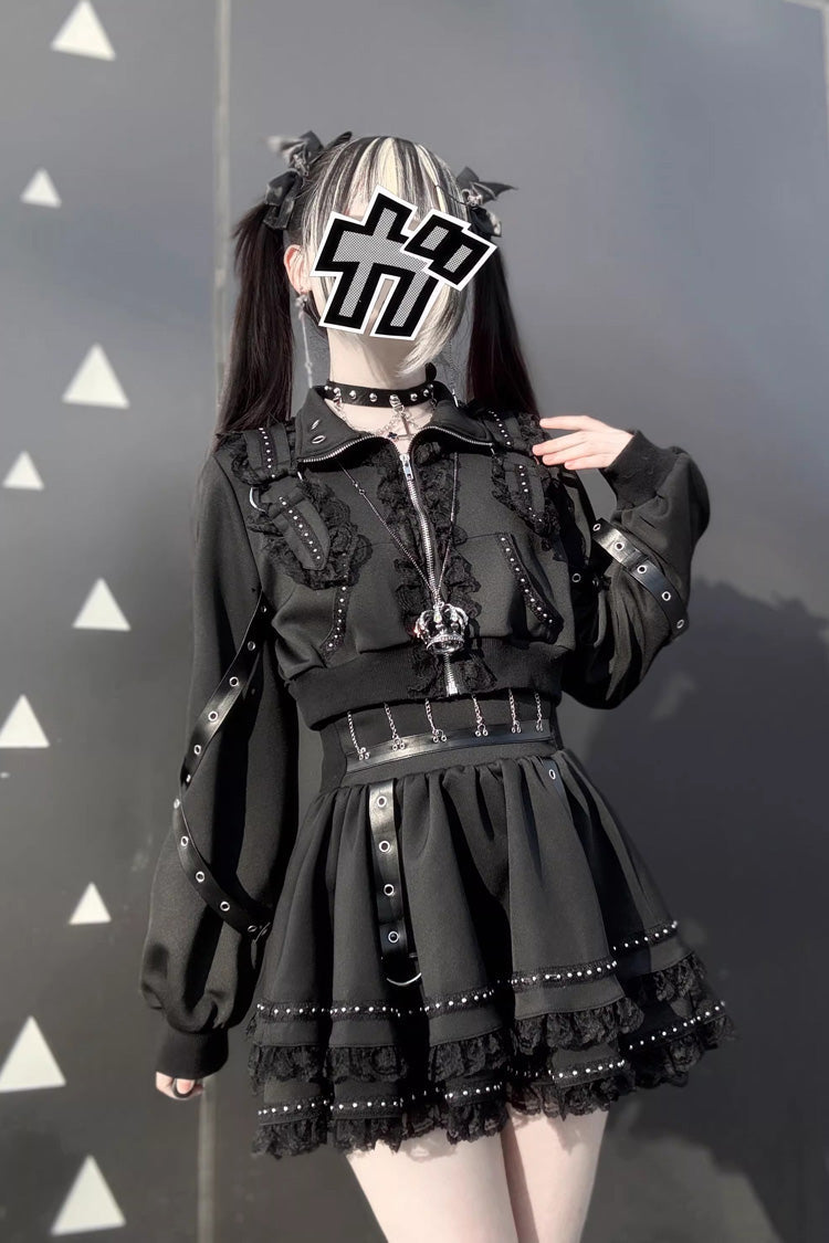 Japanese Handsome Skirt Set with Ruffled Lace and Zipper in Black