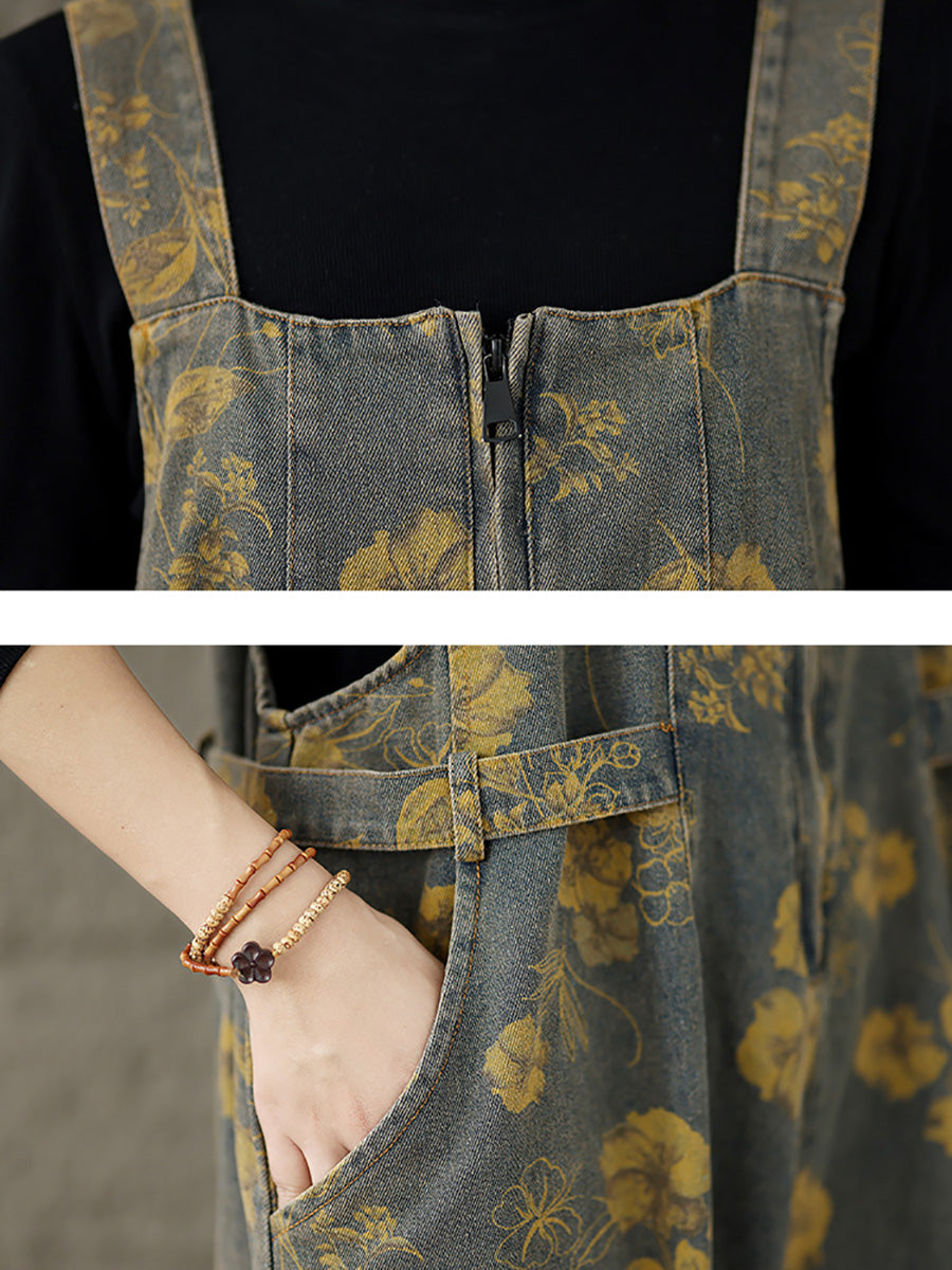 Frauen Herbst Retro Blume Zipper Denim Overalls AX1002