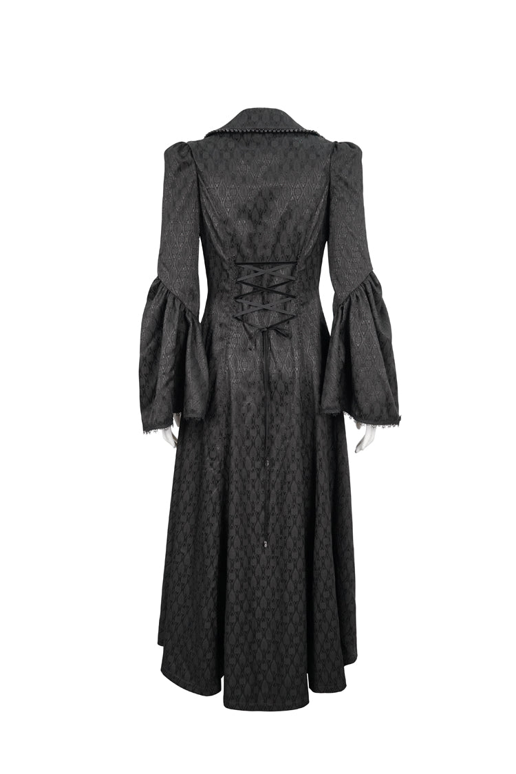 Women's Gothic Long Coat with Bead Chain Trim and Lace Cuffs in Black Jacquard