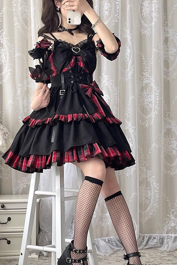 Crimson & Charcoal Tartan Contrast Leather Buckle Bow Ruffle Goth JSK