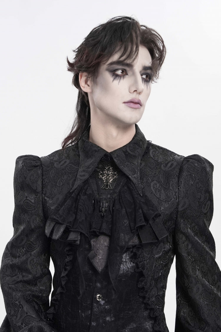 Men's Gothic Royal Cross Beaded Neckwear with Lace in Black Jacquard