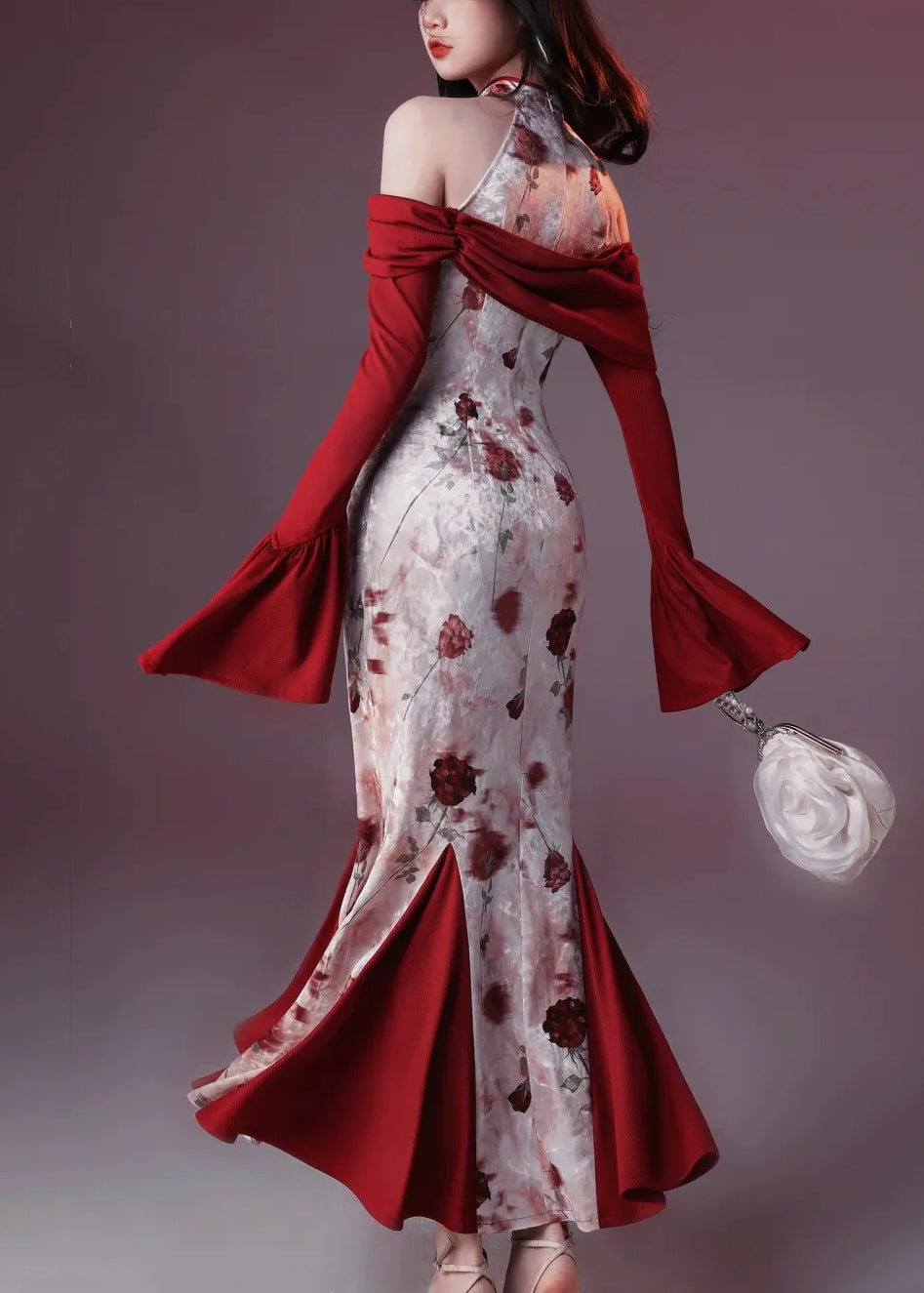 Velvet Print Patchwork Fishtail Chic Silk Red Flare Dresses