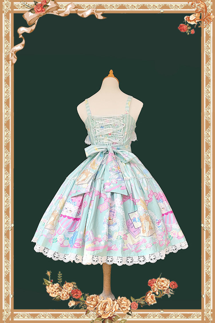 Emerald Macaron House Square-Collar Sleeveless Bow Printed JSK