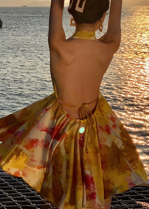 Dresses Up Chiffon Yellow Mini Print Stylish Lace Backless