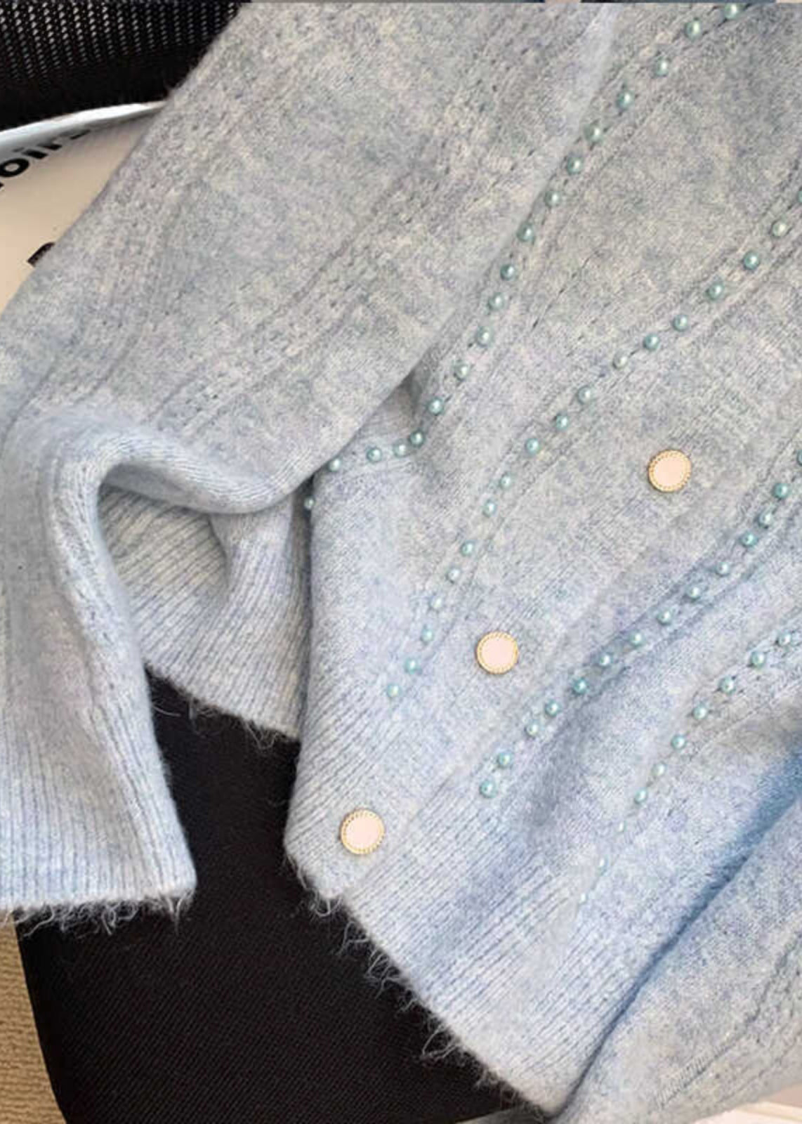 Einzigartige blaue Strickjacken aus Baumwolle mit Nagelperlen, Herbst WD034
