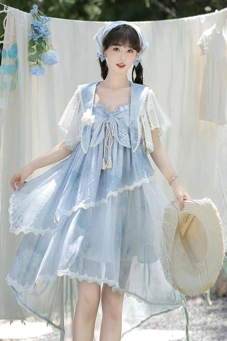 Azure Clouds Resting in the Wilderness Print Ruffle Embroidery Bow Lace Irregular Lolita Jumper Dress