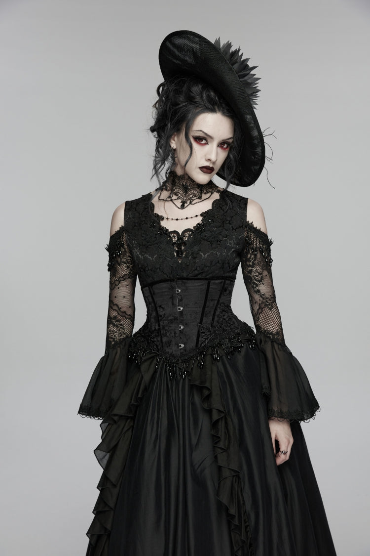 Women's Gothic Tassels Corset with Lace-Up and Slim Fit in Black Jacquard