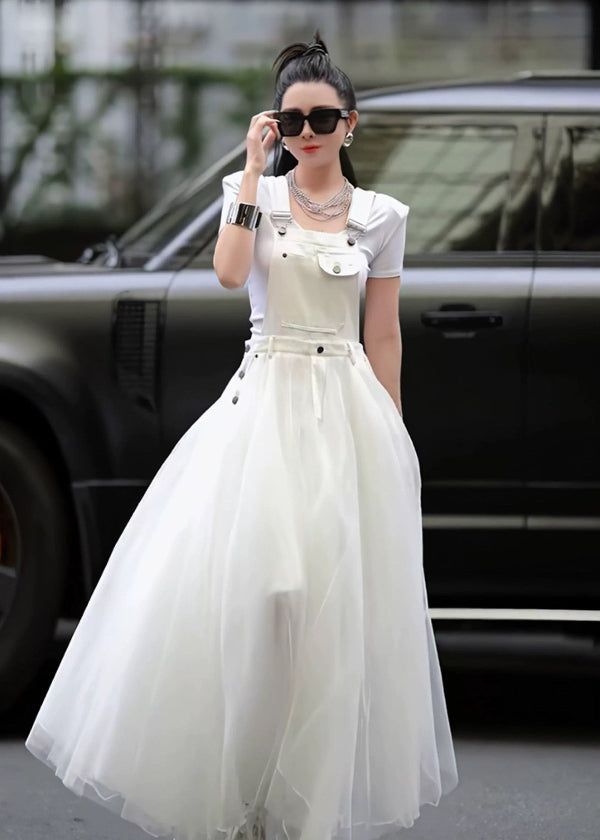 Patchwork Tulle Summer Strap Dress White Distinctive Denim