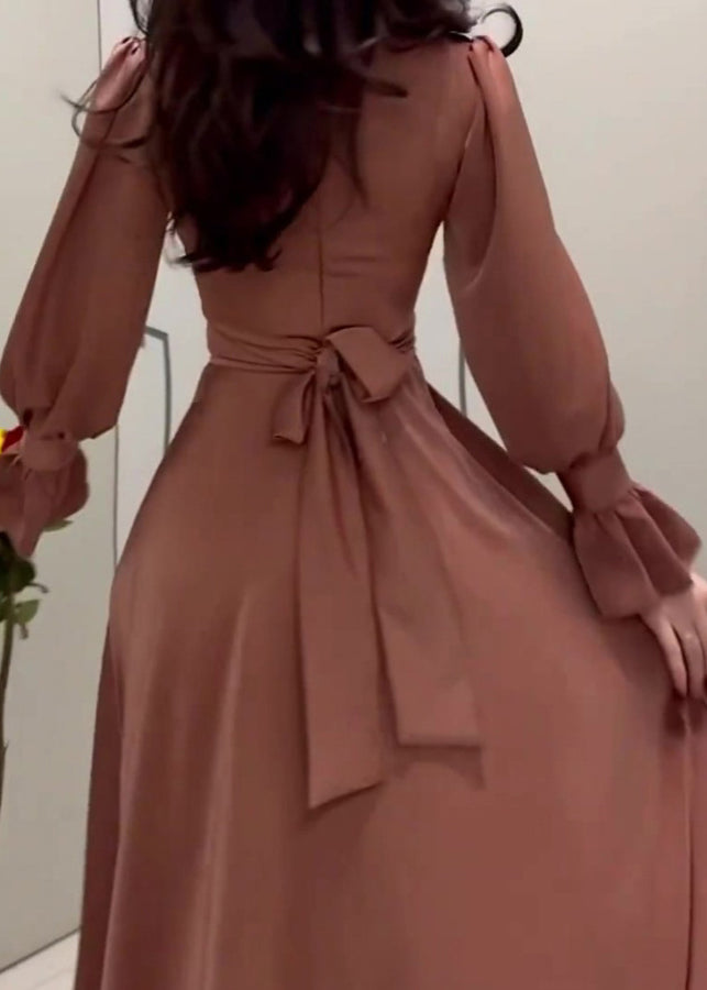 2024 Herbst Elegantes Taillen-Cinching-Seiden-Langkleid WO054