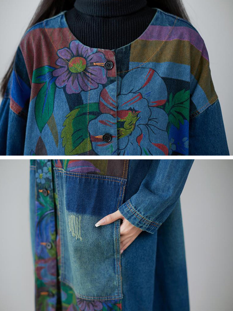 Robe longue ample en jean à imprimé floral printanier pour femme GEM578