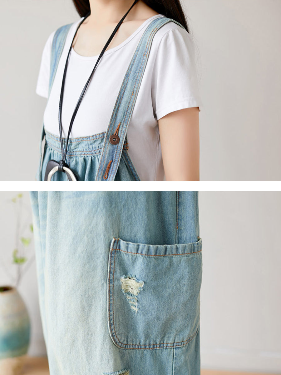 Women Summer Retro Frayed Washed Denim Jumpsuits FG1034