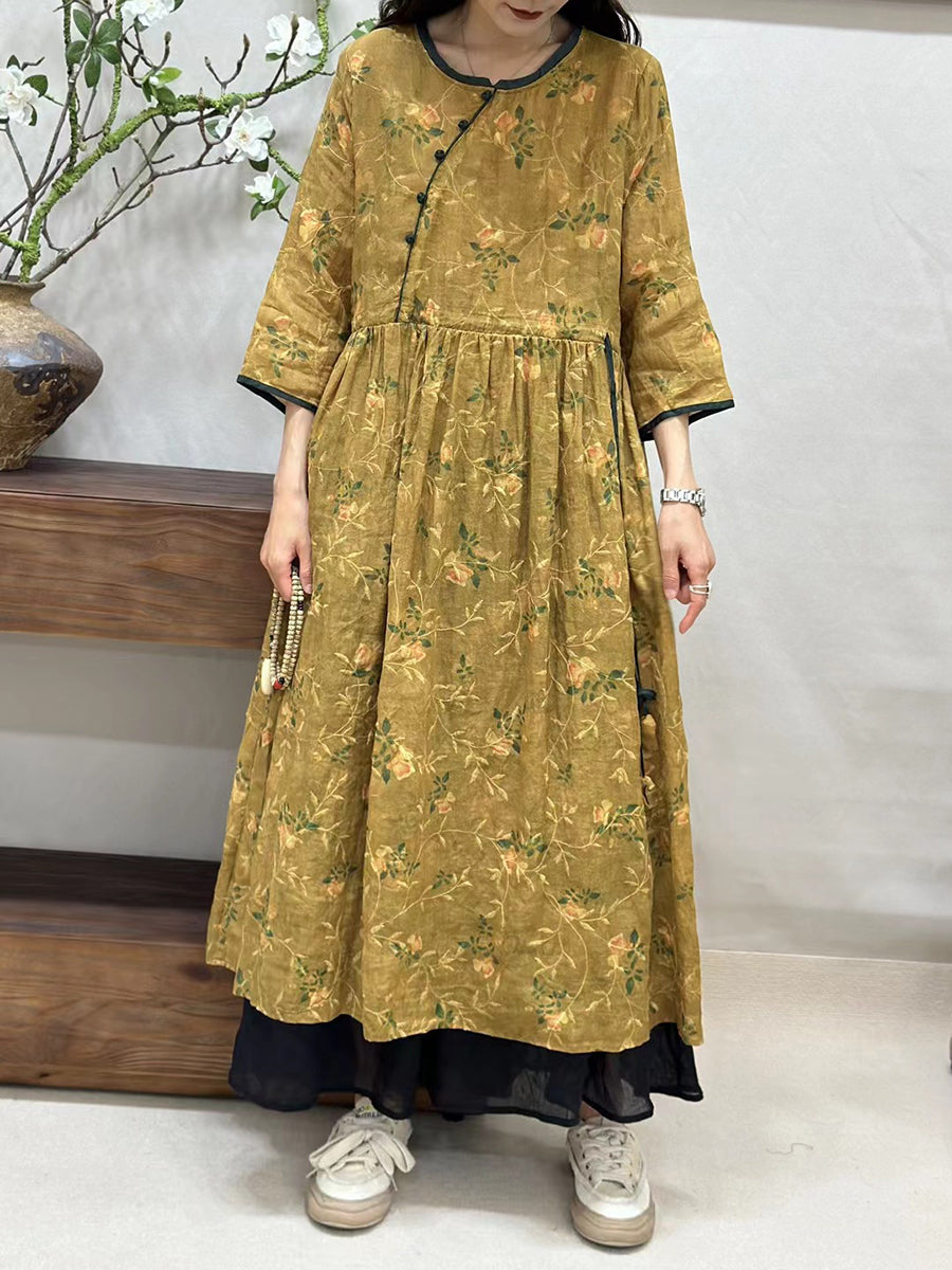 Women Summer Vintage Floral Spliced Ramie Loose Dress BN1015