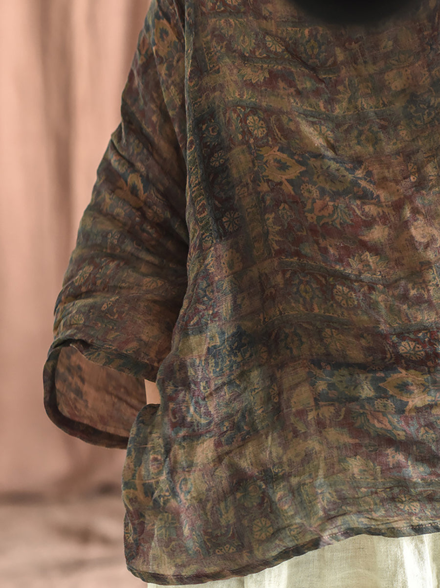 Women Summer Vintage Floral V-Neck Ramie Long Shirt GEM028