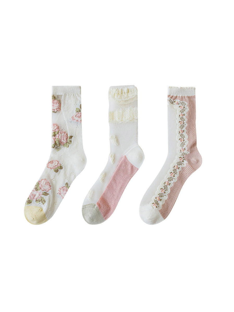 3 Pairs Women Artsy Thin Flower Lace Socks FD034