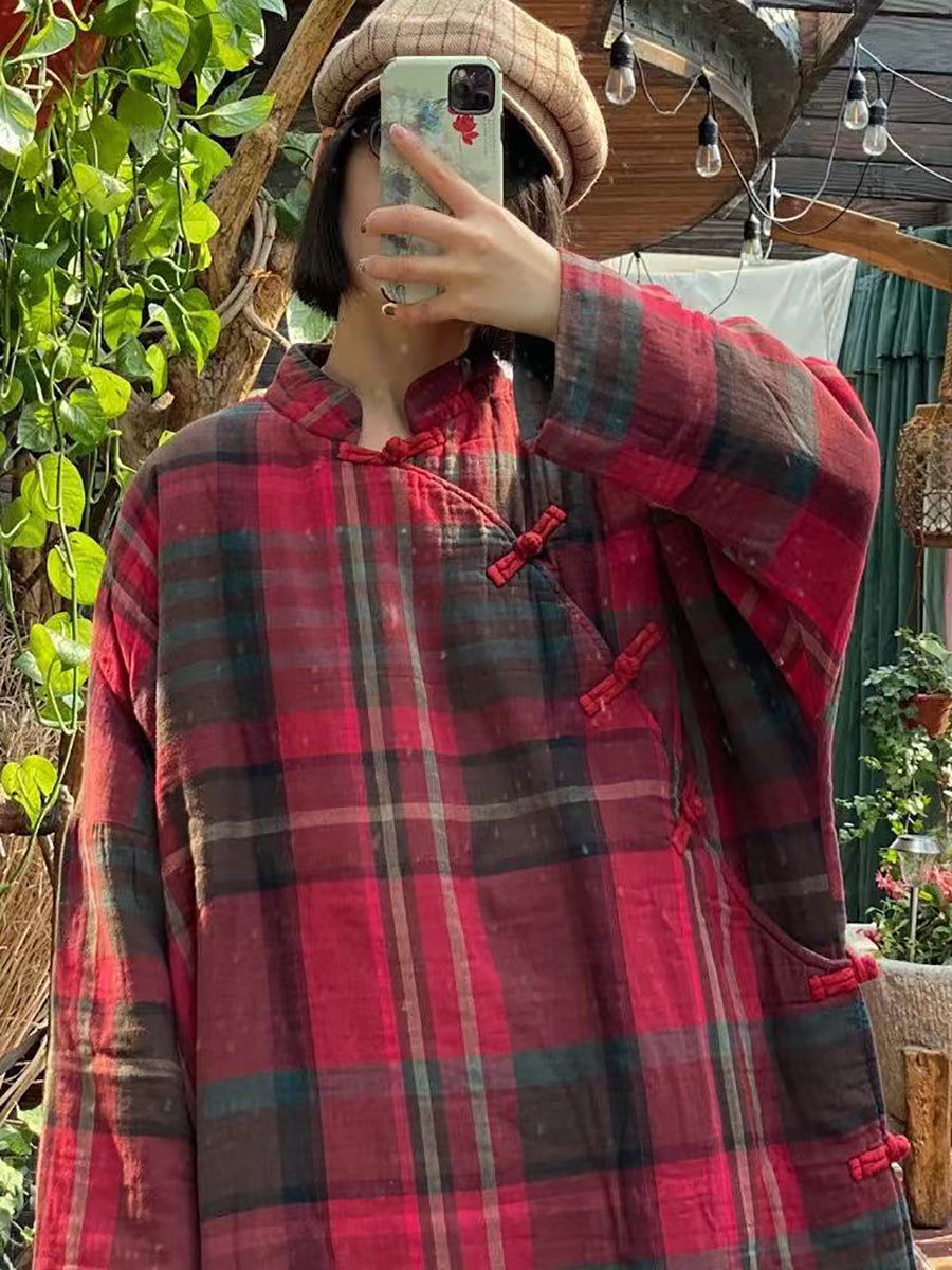 Damen Vintage Karierter Wintermantel mit Knopfleiste aus Baumwolle AS1044