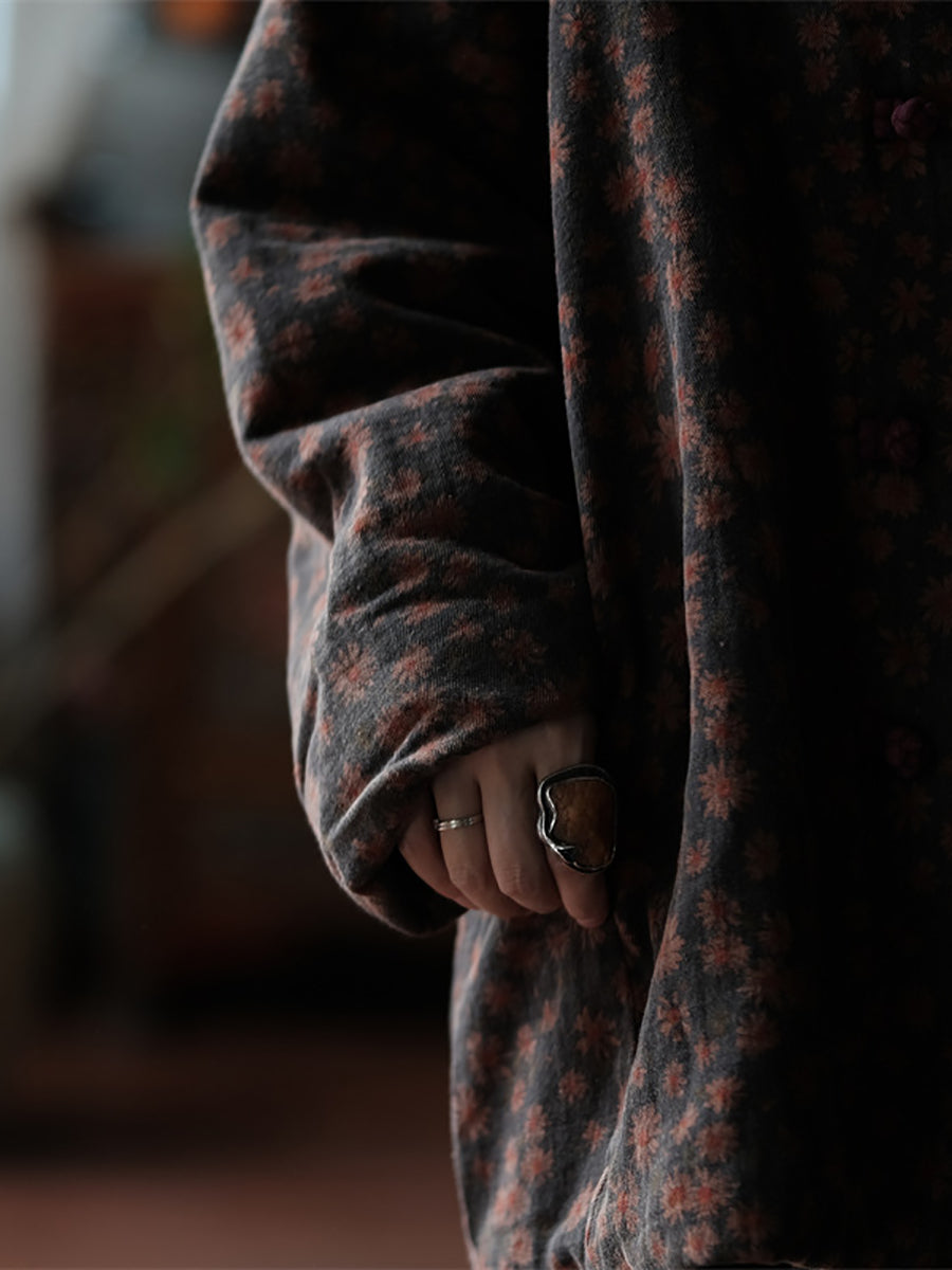 Women Autumn Floral Button O-Neck Cotton Jacket AS1023