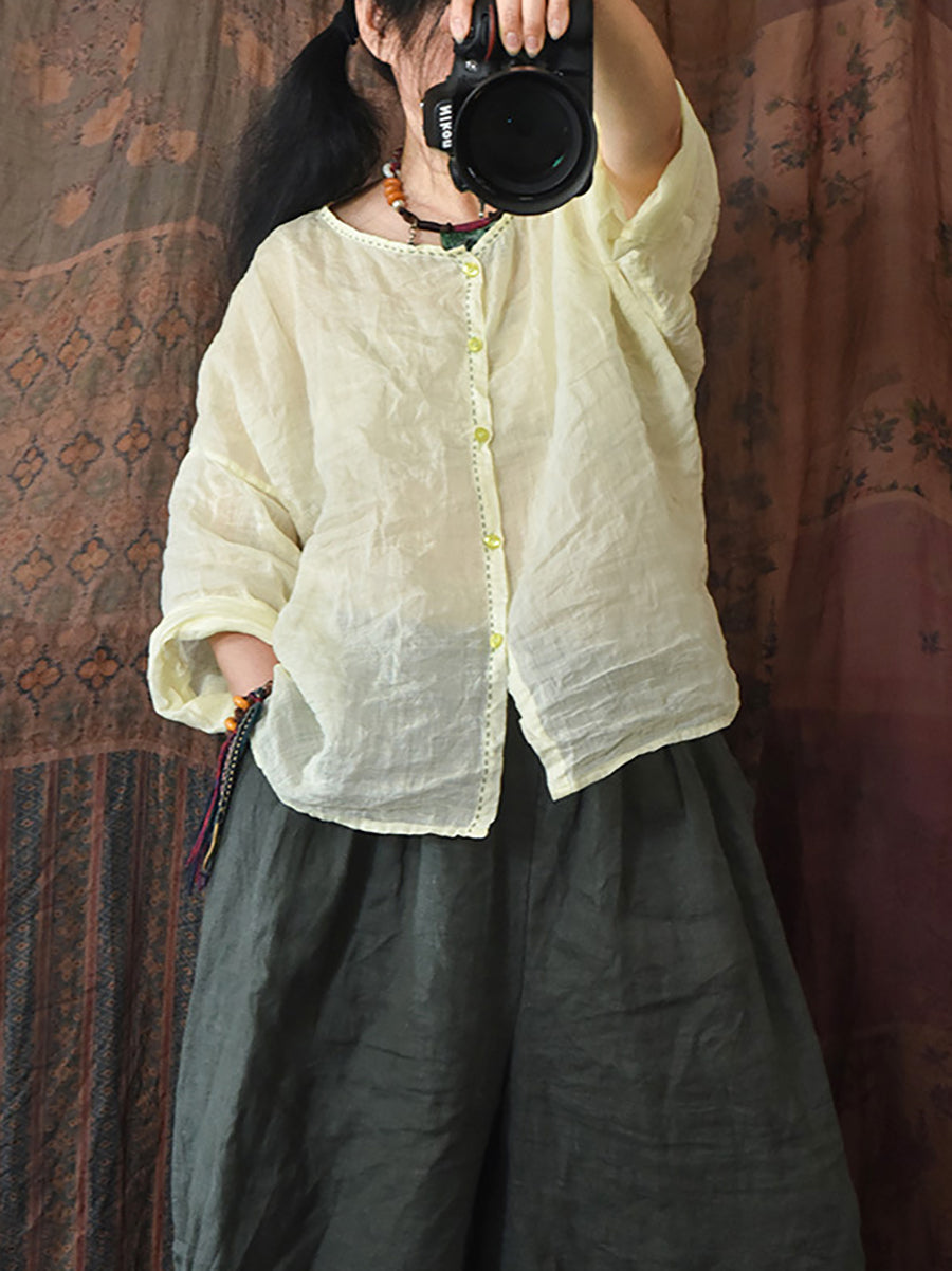 Chemisier d'été en ramie à boutons et coutures vintage pour femmes AT1063