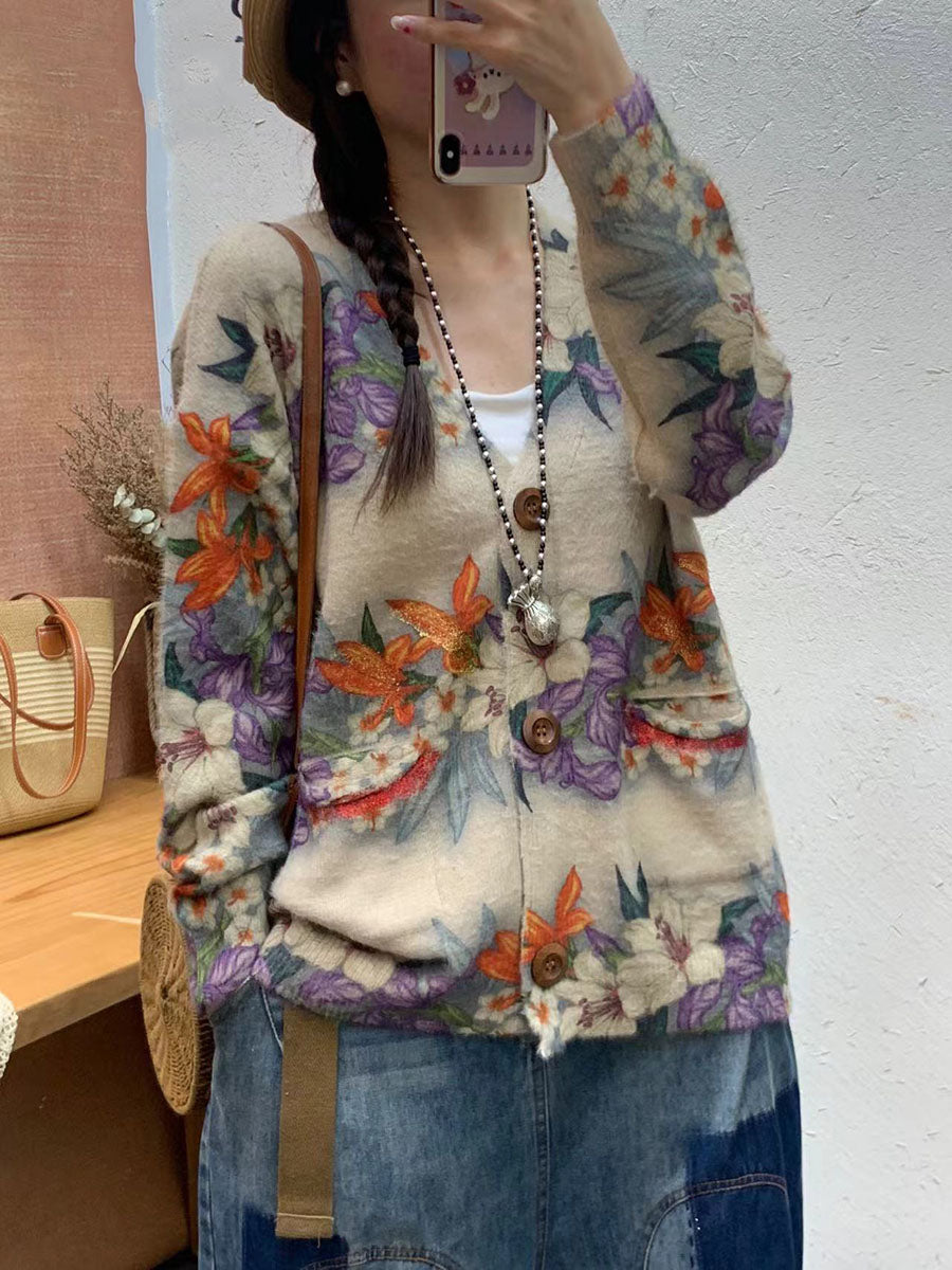 Cardigan en tricot à col en V et poches fleuries pour femme AI1056