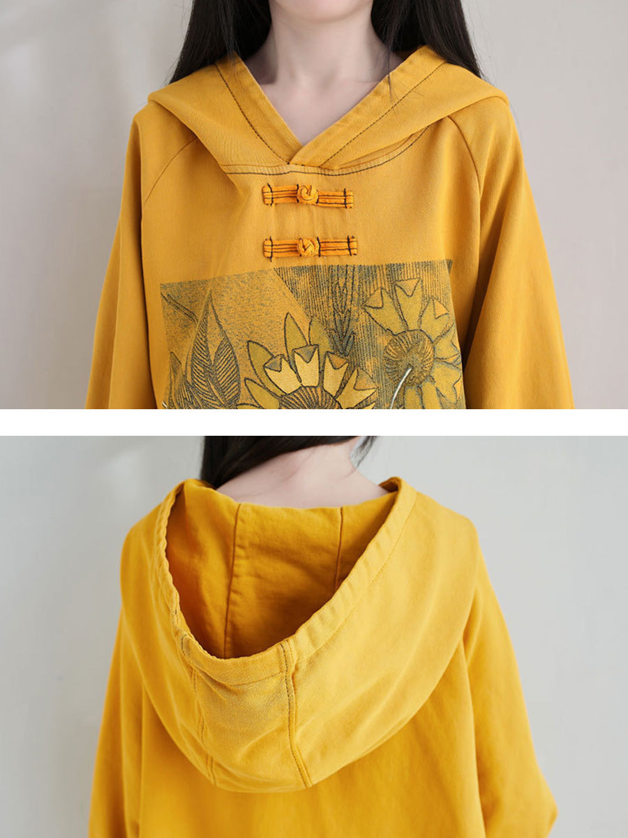 Robe à capuche en coton épissée à motif tournesol pour femme, style artistique, automne, AH1028