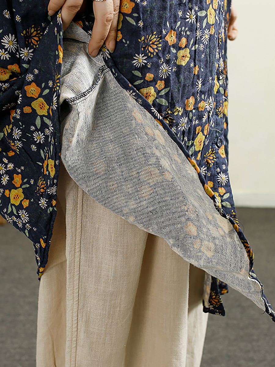 Damen Vintage Herbst Blumen Button-up Dünner Baumwollmantel AK1014