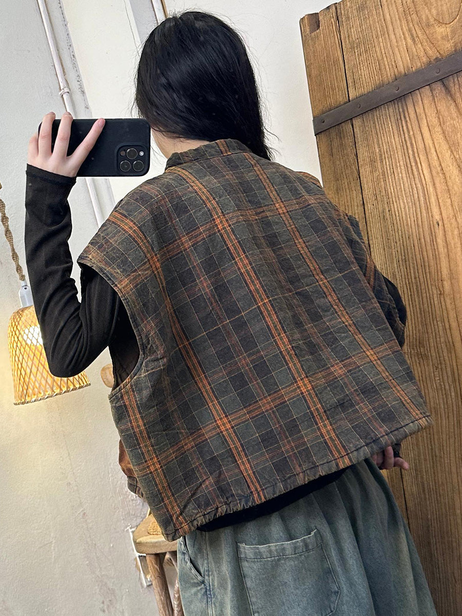 Damen Weste Mantel mit O-Ausschnitt und Karomuster in Blockfarben, Baumwolle, AK1046