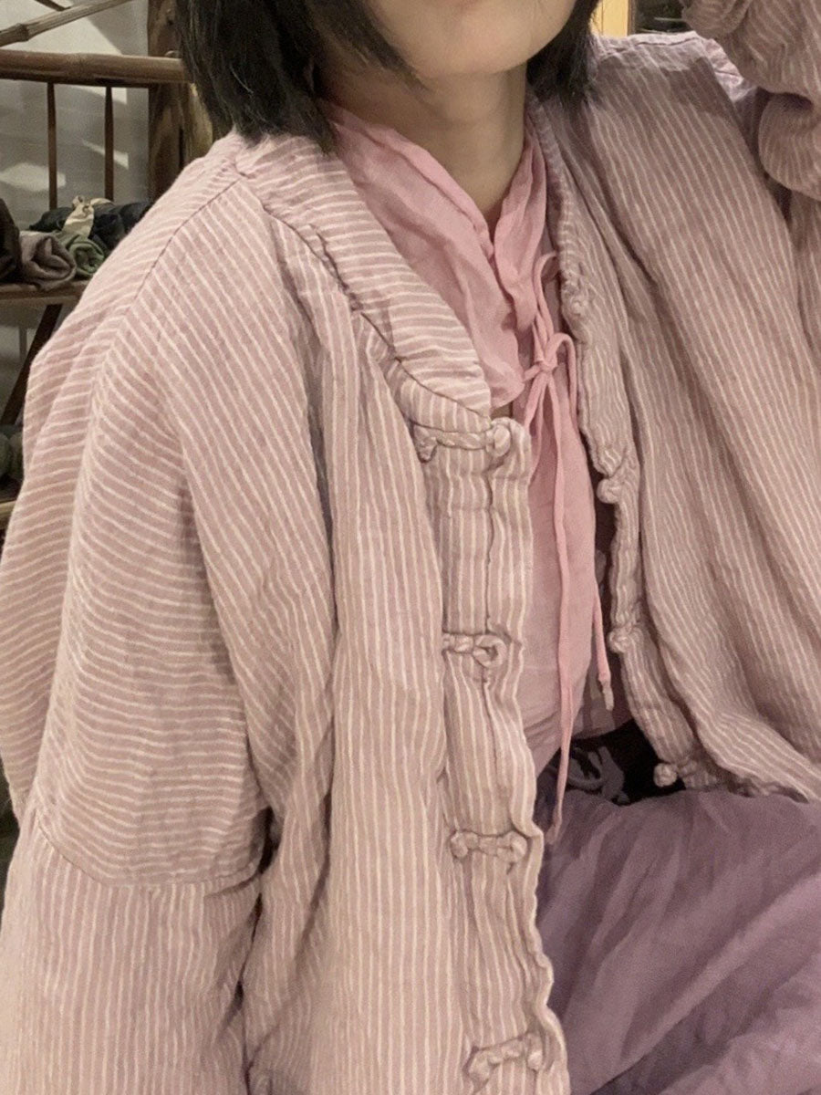 Damen Ethnisch Herbst Streifen Baumwolle Stehkragen Mantel AV1062