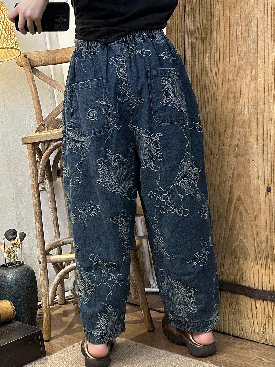 Frauen Herbst Retro Blume Baumwolle Gerade Hosen BA1006