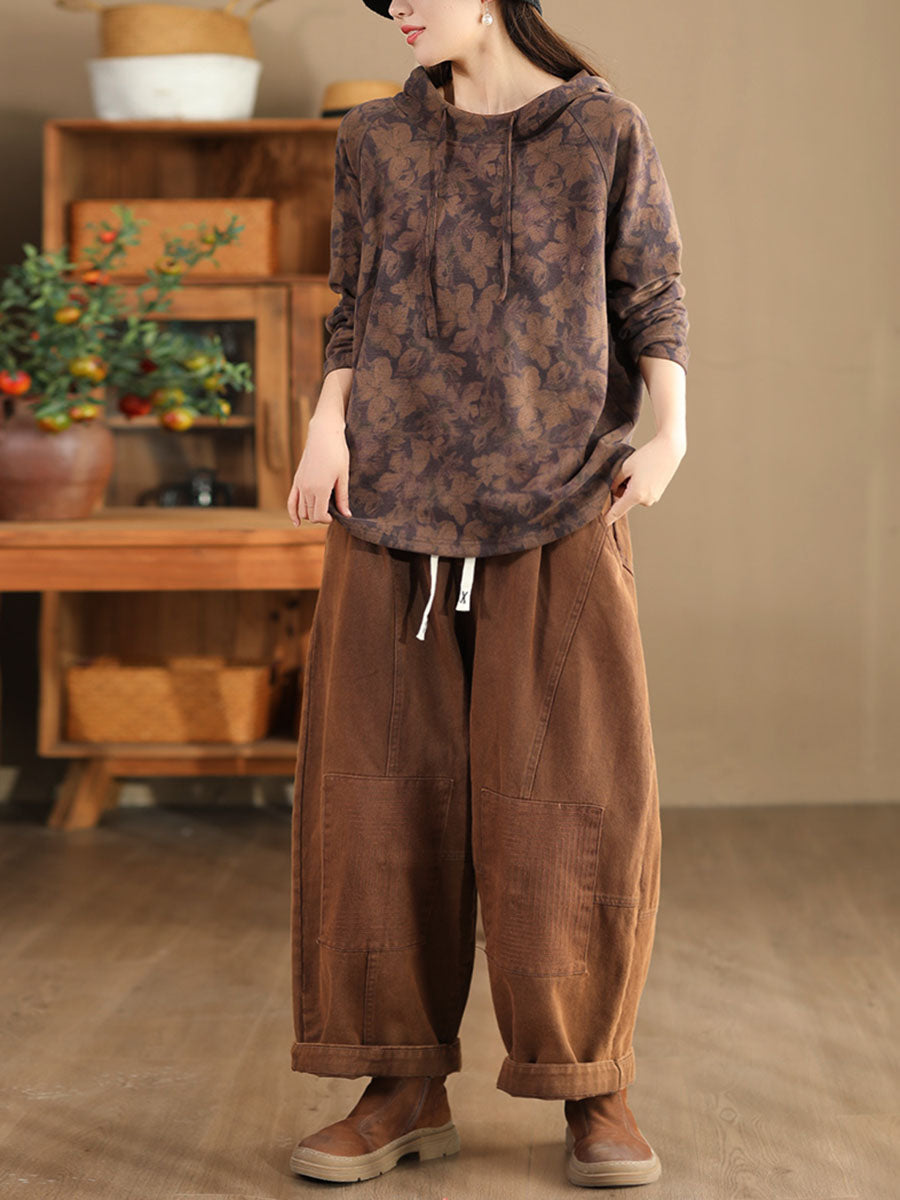 Sweat-shirt à capuche en coton à imprimé floral vintage pour femme BA1012