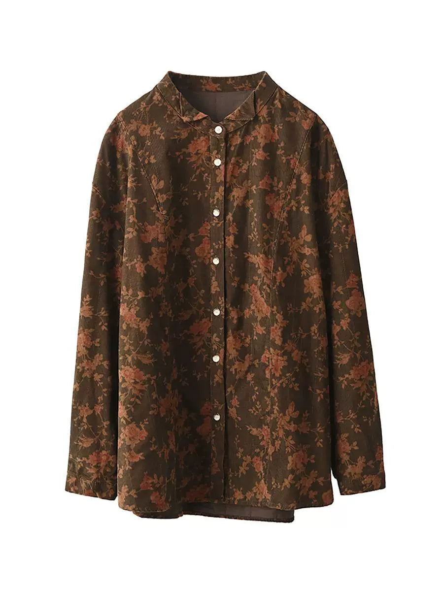 Damen Retro Herbst Blumen Umlegekragen Cordhemd BA1019