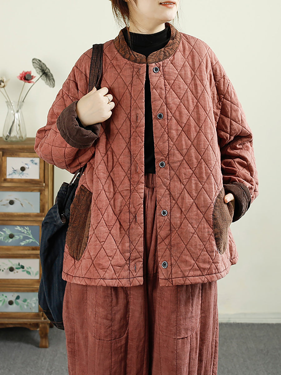 Damen Retro Herbst Colorblock Schnalle Baumwolle Stehkragen Mantel BA1071