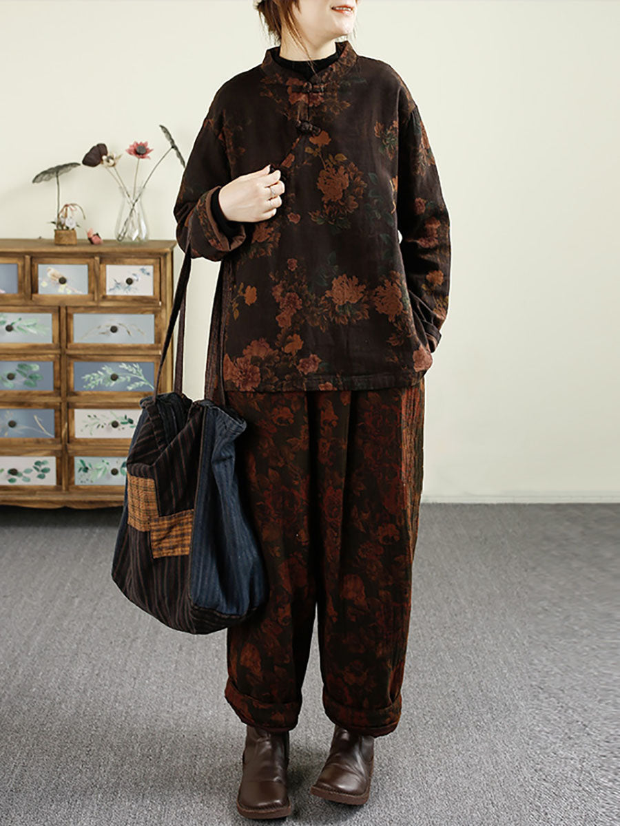 Frauen Ethnische Herbst Blume Schnalle Baumwolle Stehkragen Mantel BA1070