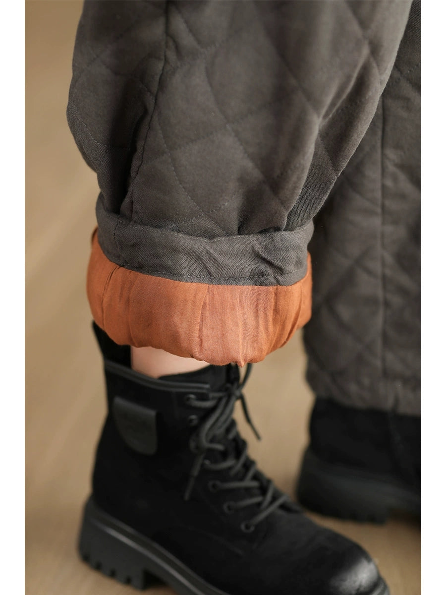 Damen Winter Retro Rautenförmige gepolsterte Haremshose aus Leinen WU025