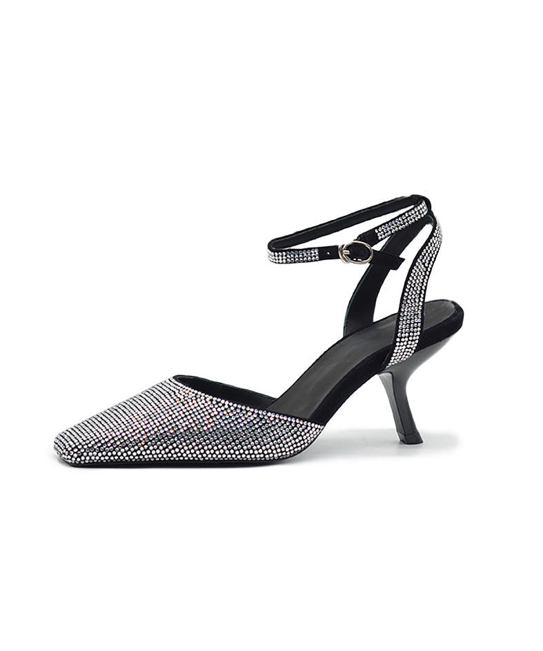 Buckle Sheepskin 2025 Heel High Sandals Black Splicing Strap